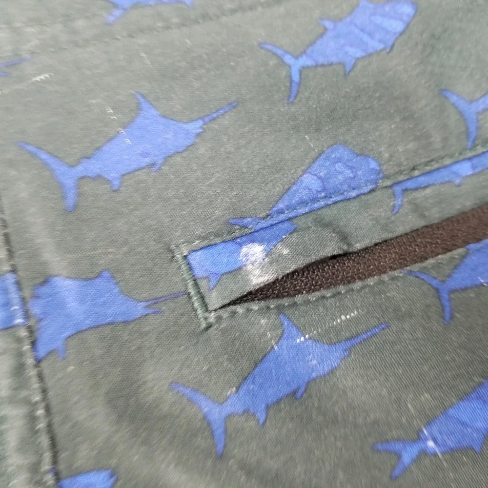 Pelagic Board Shorts Mens 34 Green Sharkskin Fishing Swim Trunks Fish Print